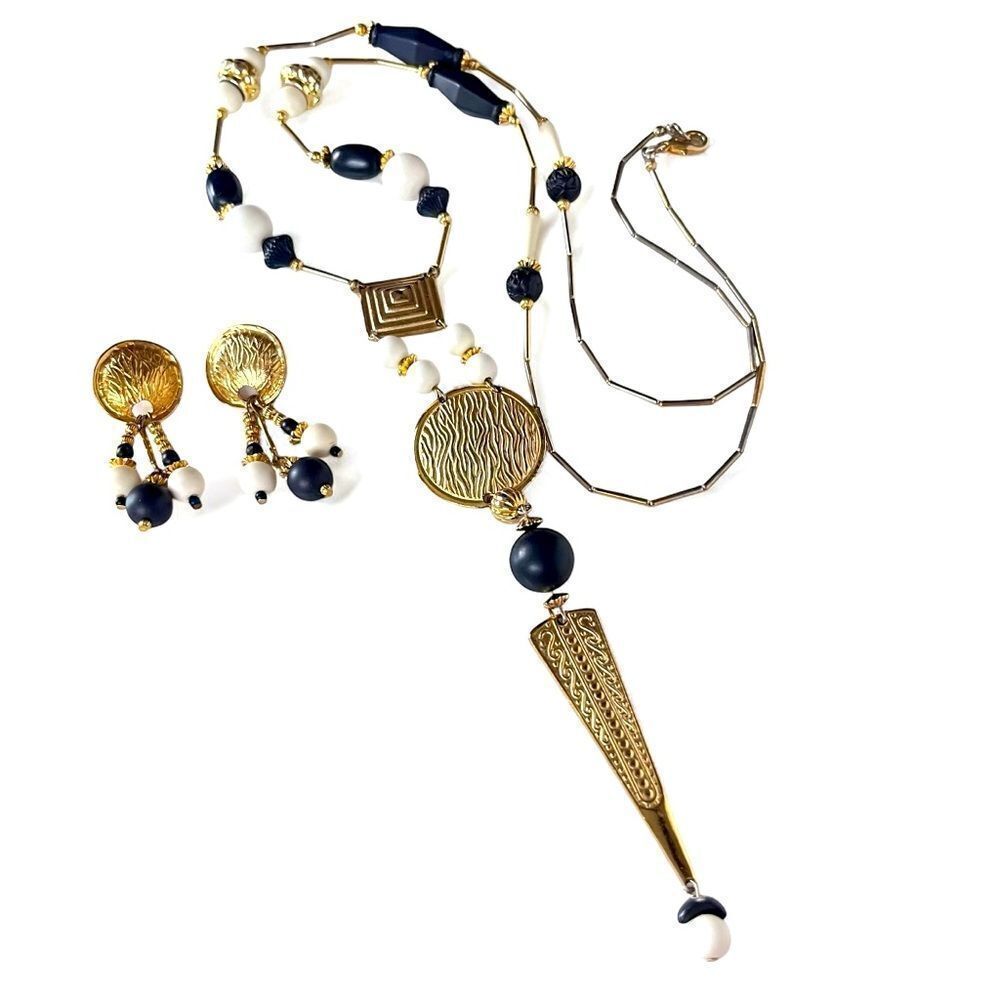 Vintage 90’s Brushed Gold Metal & Bead Lariat Necklace Set